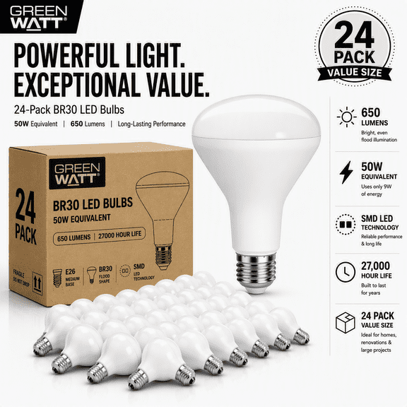 Green Watt BR30 LED Flood Light Bulbs, 8-Watt (50W Equivalent) Daylight, E26 Base, Dimmable (24-Pack)