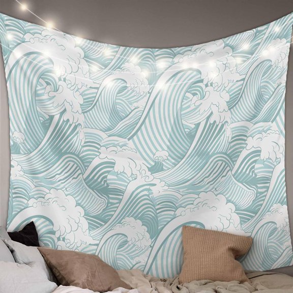 Green Waves Ocean Lines Tapestry Wall Hanging Aesthetic Art Decor Backdrop for Bedroom Living Room College Dorm 60x90 Inch