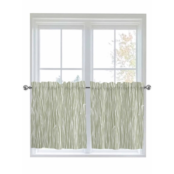 Green Waves Stripes Kitchen Curtains Tier 24 Inch Length, Vintage Minimalist Lines Texture Rod Pocket Light Filtering Window Curtains Living Room Bedroom Curtain Drapes Cafe Curtain 27.5''x24''x2