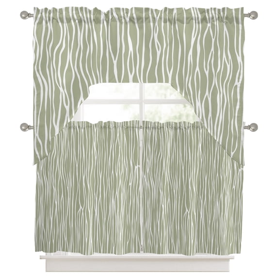 Wave Power Rods Green Waves Stripes Kitchen Tier and Swag Window Curtain Set for Small ...