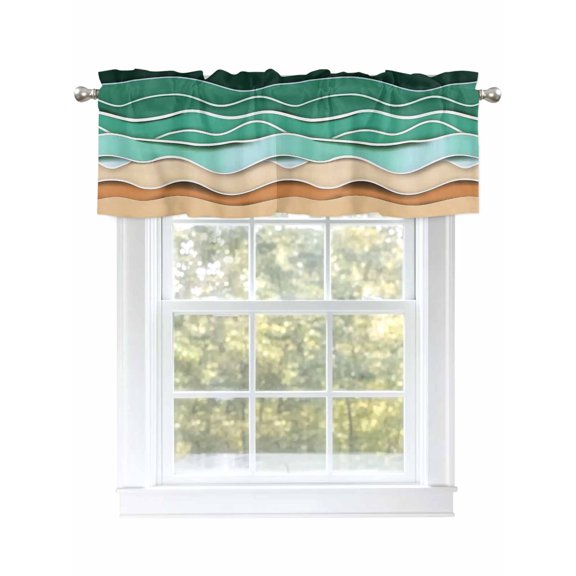 Green Waves Valances for Windows, Rod Pocket Kitchen Valance Curtains - Soft & Washable Small Window Treatment for Living Room, Bathroom, Abstract Water Lines 54x18inch, 1 Panel
