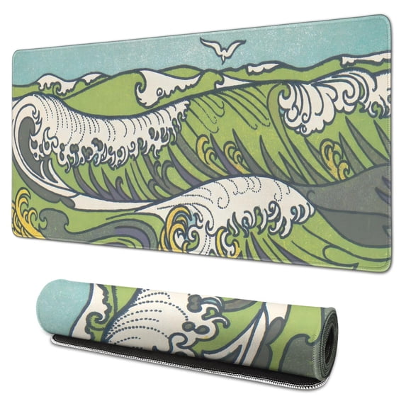 Green Waves with the Seagulls desk Mouse Padwaterproof,rubber+multispandexwashable MousematDesk Pad for Office Home Game 31.5x15.7inches