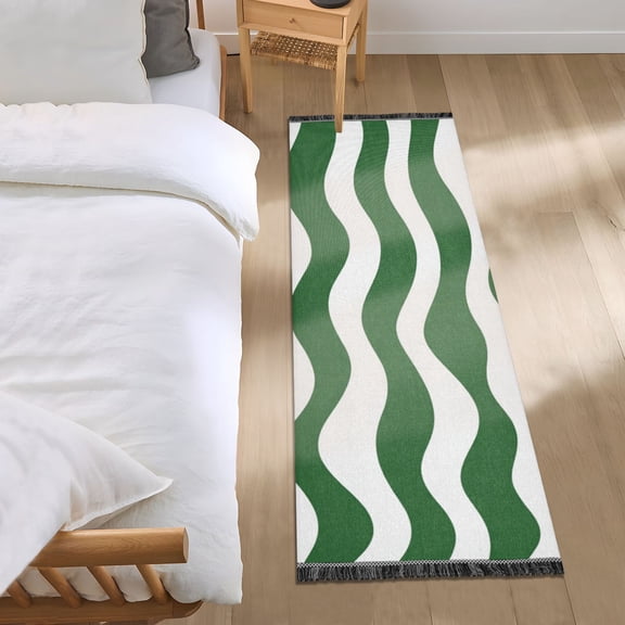 Green Wavy Lines Bedside Runner Rug 2'x 6' Non Slip Carpet Floor Mat Area Rug