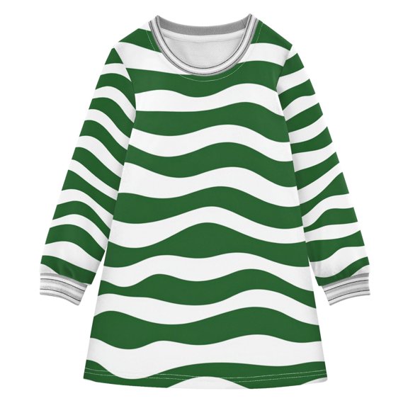 Green Wavy Lines Long-sleeved Dress A-line One-Piece Dress for 2-8 Years Casual Party 3T