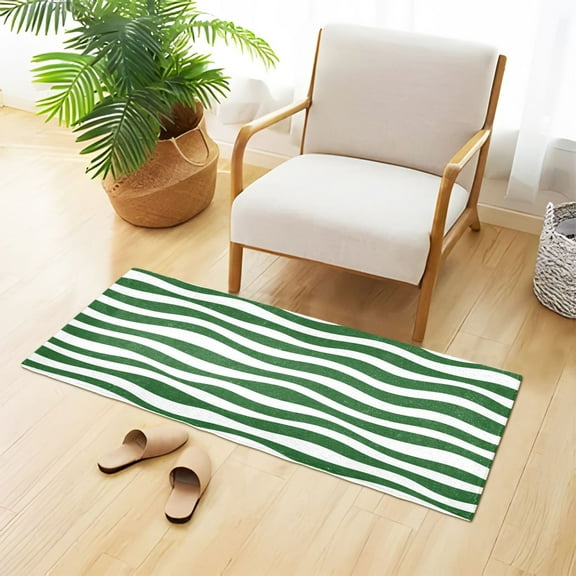 Green Wavy Lines Plush Carpet Non Slip Runner Rug Absorbent Bath Mat 39" x 20"