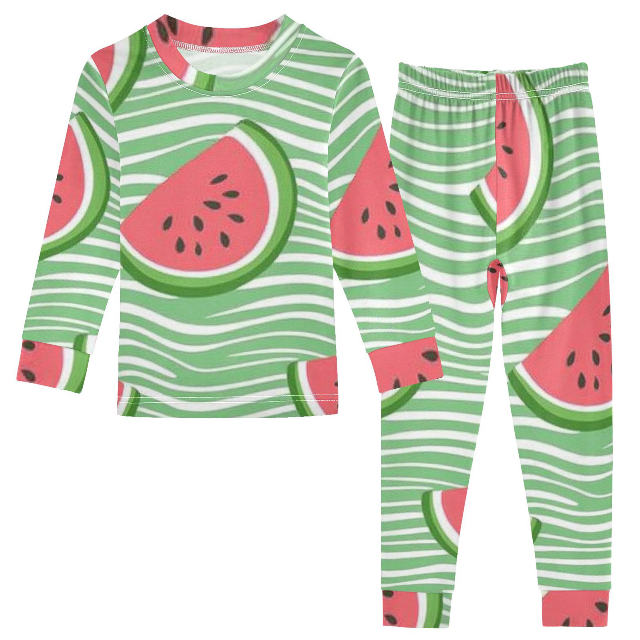 Green Wavy Lines with Watermelon Slices Cotton Pajama Set Long Sleeve ...