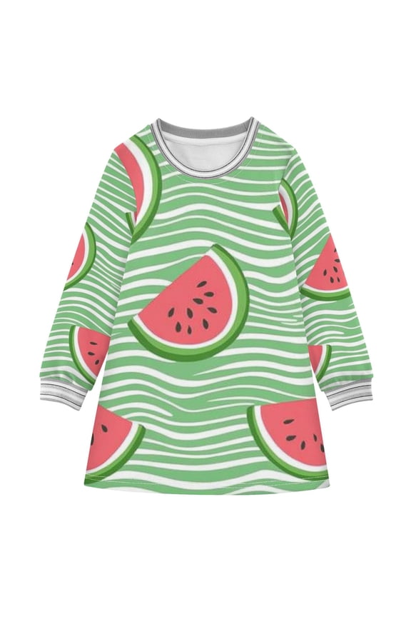 Green Wavy Lines with Watermelon Slices Long-sleeved Dress A-line One-Piece Dress for 2-8 Years Casual Party 2T
