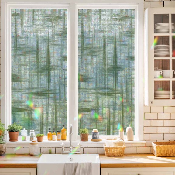 Green Weave Mesh Window Privacy Film Modern Minimalist Abstract Static Cling Stained Glass Window Film Non-Adhesive Decorative Decals Rainbow Sticker 17.7"X39.3"