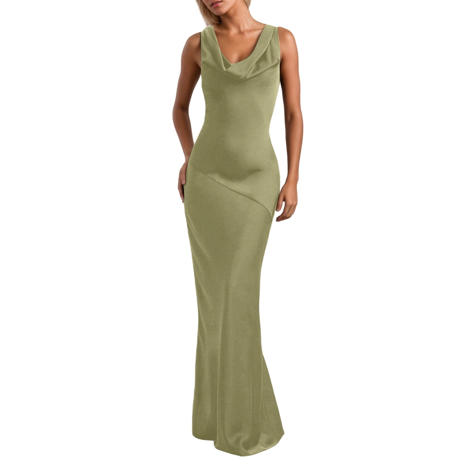 Green Wedding Guest Dress Satin Cowl Neck Sleeveless Backless Maxi ...