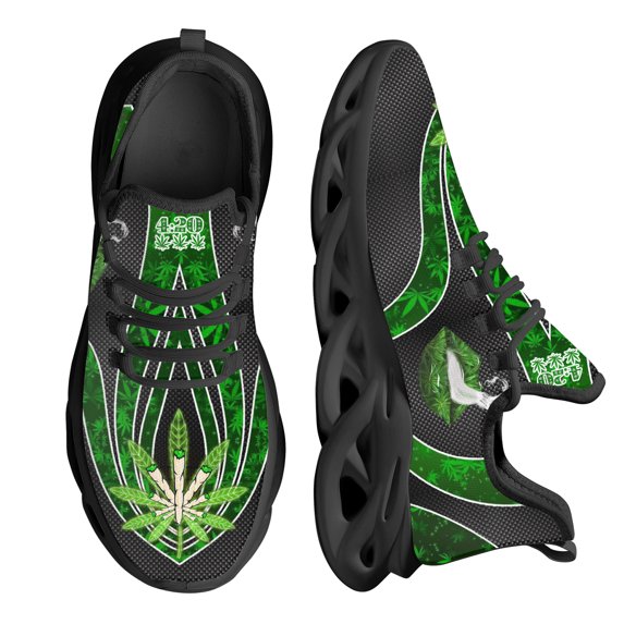 Green Weed Leaves Print Ladies Mesh Sneakers for Women Lightweight Vulcanize Shoes Walking Sneakers Running Gym Shoe
