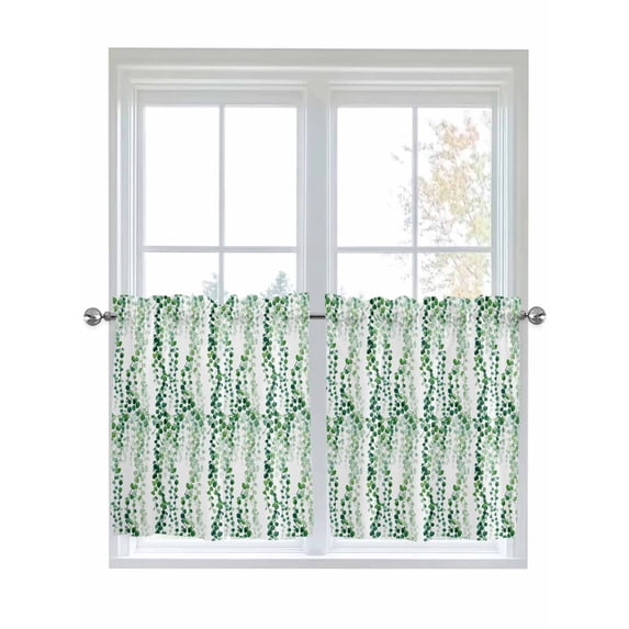 Green Weeping Eucalyptus 2 Panel Kitchen Curtains for Small Windows, Spring Summer Country Leaves Bathroom Tier Curtain, Short Window Treatment for Bedroom/Living Room 55"x36"