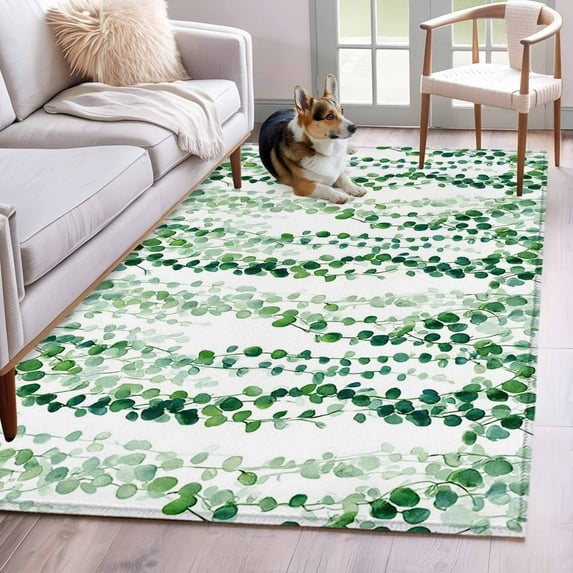 Green Weeping Eucalyptus Area Rugs 4'x6', Washable Small Throw Rugs for Office Bathroom, Spring Summer Country Leaves Indoor Outdoor Rug Non-Slip Low Pile Carpet Runner Reversible Floor Mats