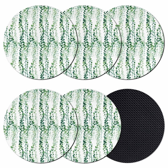Green Weeping Eucalyptus Coasters Set of 6, Absorbent Coasters for Drinks, Spring Summer Country Leaves Coaster for Desk Coffee Table Protection, Home Decor House Warming Gifts 4"