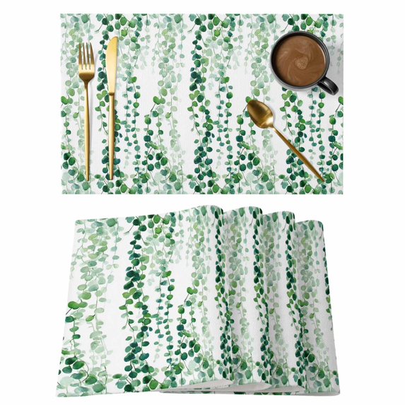 Green Weeping Eucalyptus Placemats Set of 8, Spring Summer Country Leaves Placemats for Dining Table, Place Mats for Kitchen Tabletop, Waterproof Wipeable Dining Table Mats Set
