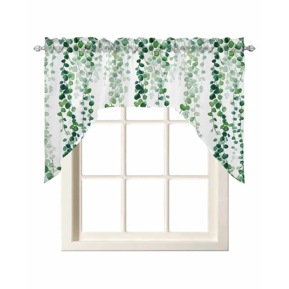 Green Weeping Eucalyptus Swag Valances for Windows, Small Curtains Drapes, Spring Summer Country Leaves Kitchen Window Curtains Over Sink Window Treatment Valance for Bedroom/Bathroom 56"x36"