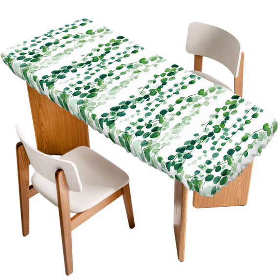 Green Weeping Eucalyptus Table Cloths for 8 Foot Rectangle Tables, Spring Summer Country Leaves Patio Waterproof Elastic Fitted Tablecloths, Washable Rectangular Table Cover for Camping