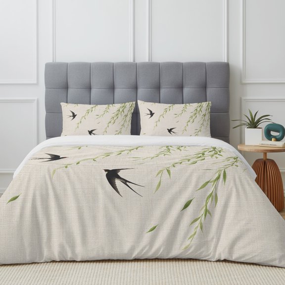 Green Weeping Willow 4 Piece Duvet Cover Set California King Size Asian Zen Swallows Falling Leaves Cream Soft Bedding Set Comforter Cover, 1 Duvet Cover 1 Flat Sheets and 2 Pillowcases