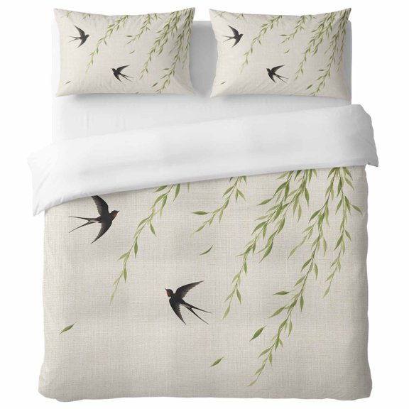 Green Weeping Willow California King Duvet Cover Set, Asian Zen Swallows Falling Leaves Cream Decorative 3 Piece Bedding Set with Zipper Closure Soft Breathable Comforter Cover 2 Pillowcases
