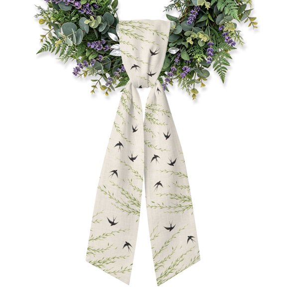 Green Weeping Willow Wreath Sash for Front Door, Asian Zen Swallows Falling Leaves Cream Satin Wreath Ribbon Bow Accessory Garland Home Decor for Doorway Porch Yard 4.5x56