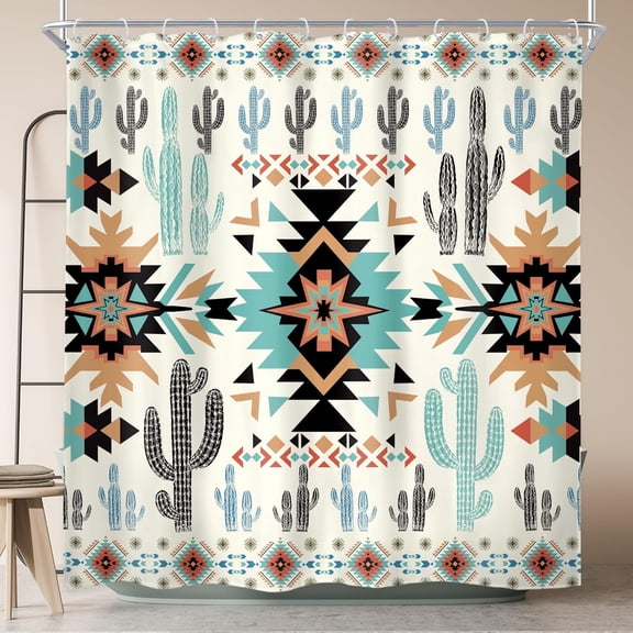 Green Western Aztec Cactus Shower Curtain 72Wx72H Inch Southwestern Boho Tribal Geometric Ethnic Shower Curtain Bathroom Set American Waterproof Bath Decoration Accessories Home Decor