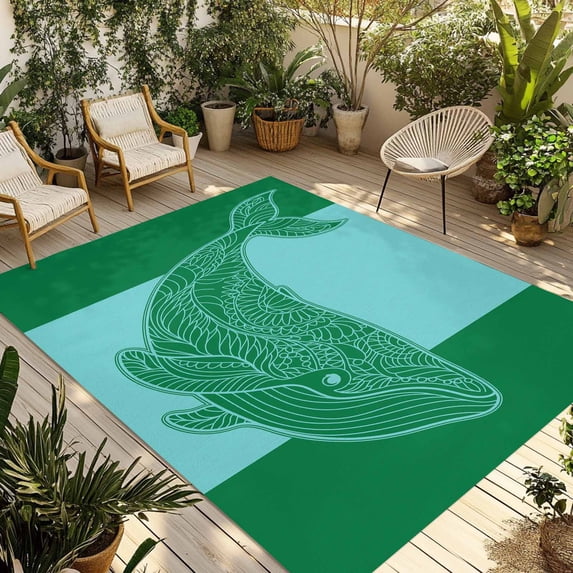 Green Whale Outdoor Rug 6x9 Ft - Reversible Patio Rug Outdoor Camping Rugs, Mandalas Boho Modern Abstract Aqua Stripe Washable Indoor Outdoor Area Rugs, Non-Slip Outdoor Carpet Runner for Deck/Porch