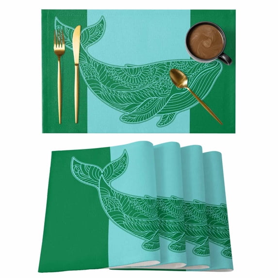 Green Whale Placemats Set of 12 Mandalas Boho Modern Abstract Aqua Stripe Place Mats Indoor Wipeable Table Mats Washable Cloth Dining Table Placemats for Kitchen Holiday Party Home Decor 13x19 Inch
