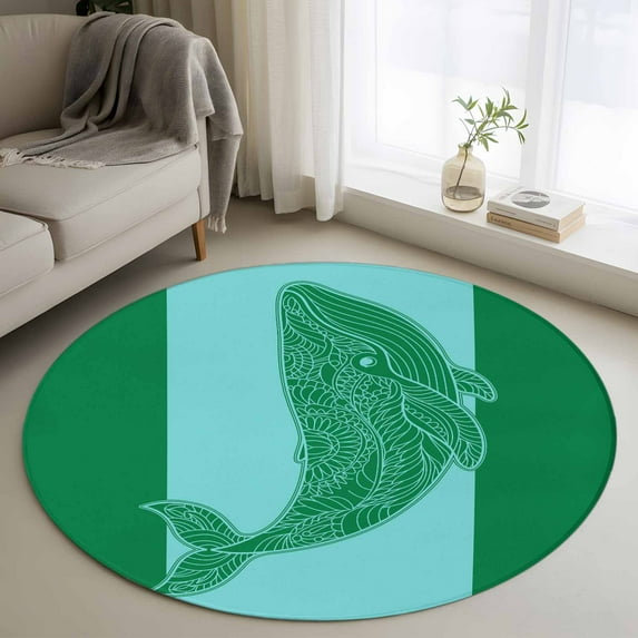 Green Whale Round Rug 3ft Washable Circle Entryway Rugs Non Slip Mandalas Boho Modern Abstract Aqua Stripe Area Rug Indoor Floor Carpet for Bedroom Kitchen Living Room Home Office Dining Room Nursery