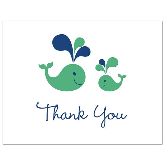 Green Whales- Baby Shower Thank You Cards and Envelopes - 50 count