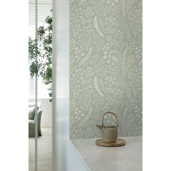 Green Whimsical Leaf Trail Tropical Wallpaper R8391