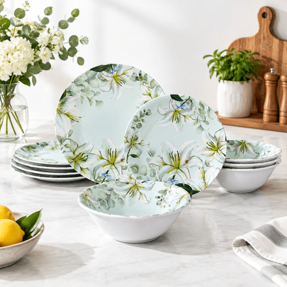 Green & White 12-Piece Dinnerware Set, Unbreakable Plates and for Indoor Outdoor Use