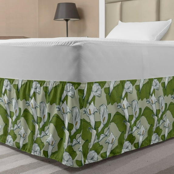 Green and White Bed Skirt, Abstract Calla Lily Flowers in White with Green Leaves, Elastic Bedskirt Dust Ruffle Wrap Around for Bedding Decor, 4 Sizes, Olive Green Sage Green, by Ambesonne