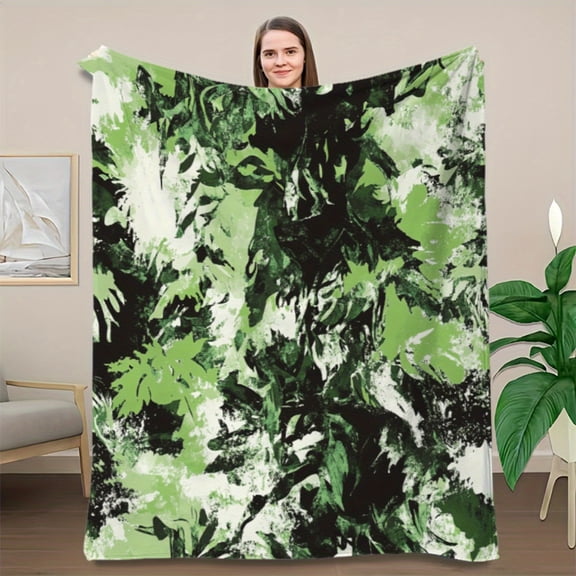 Green White Black Abstract Leaf Flannel Blanket - Soft Lightweight All-Season Shawl, Modern Mint Green Black Design for Sofa Bed Travel, Durable Comfortable Bedspread or Decor, Ideal Home Office Gift
