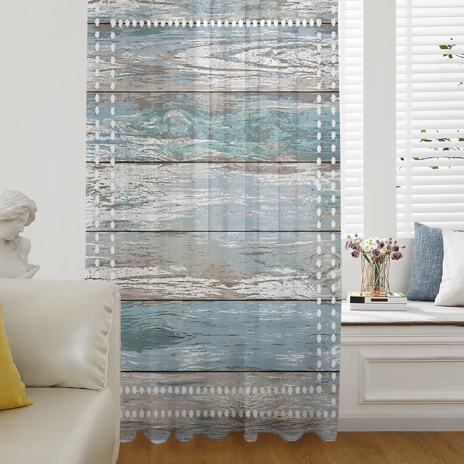 Green White Blue Wooden Sheer Curtains 96 Inch Length Abstract Dotted ...