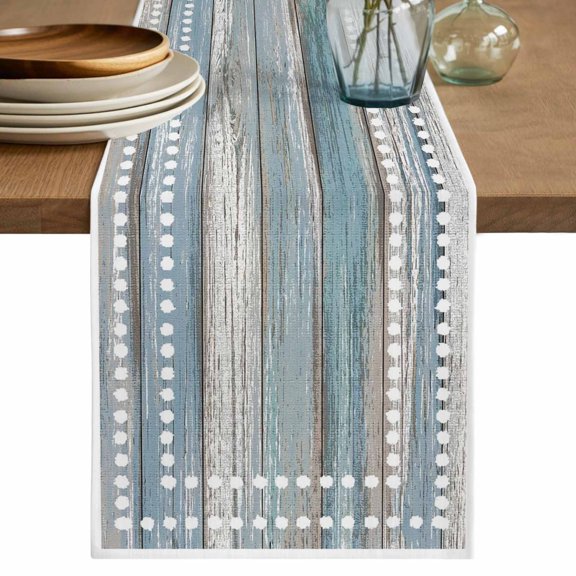 Green White Blue Wooden Table Runner, Abstract Dotted Borders Distressed Washable Cotton Linen Table Runners 36 Inches Long, Dresser Scarf Runner for Nightstand/End Tables/Round Tables 13''x36''
