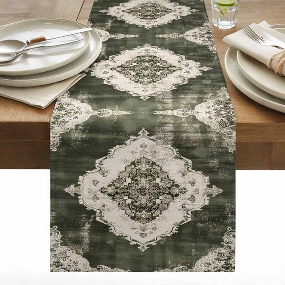 Green White Boho Table Runner 13x108 inch Ethnic Oriental Geometric Cotton Linen Dining Table Runner Ideal for Dresser Kitchen Coffee Tables - Machine Washable