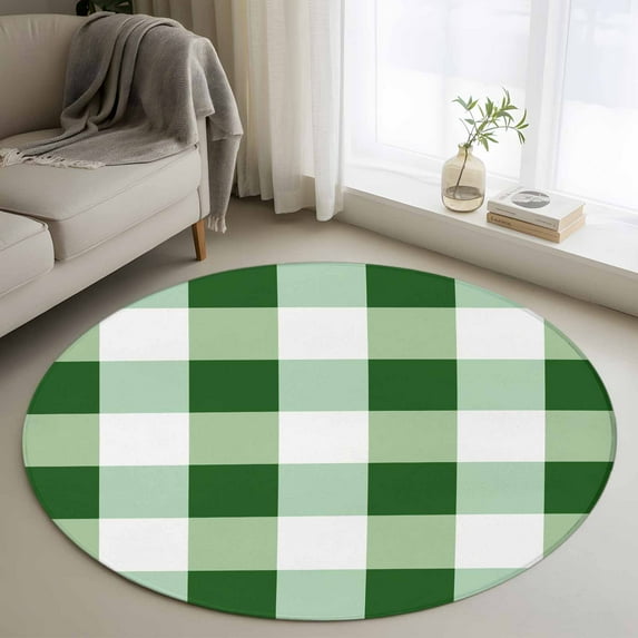 Green White Buffalo Check 3.3ft Round Rug, Farmhouse Plaid Modern Geometric Non-Skid Rubber Backing Large Area Rugs - Living Room Bedroom Home Office, Indoor Floor Mat Carpets Washable Rug