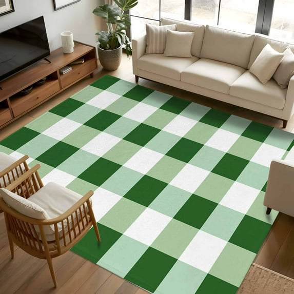 Green White Buffalo Check 5x8 Area Rugs, Farmhouse Plaid Modern Geometric Non-Skid Rubber Backing Large Rectangle Rugs - Living Room Bedroom Home Office, Indoor Floor Mat Carpets Washable Rug