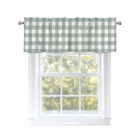 Green White Check Valances for Windows, Rod Pocket Kitchen Valance Curtains - Soft & Washable Small Window Treatment for Living Room,&nbsp;Bathroom, Simple Background , 42x12 Inch, 1 Panel