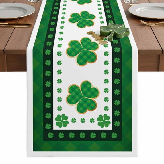 Green White Checked Clover on St. Patrick's Day Table Runner 13 x 36 Inch, Washable Cotton Linen Dining Table Runner Tabletop Decorations for Restaurant Home Kitchen Party