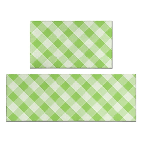 Green and White Checkered Pattern Anti Fatigue Kitchen Rugs Set Of 2, Non Slip Washable Decorative Floor Mats for Kitchen Sink Laundry, 17"x30" and 17"x47"