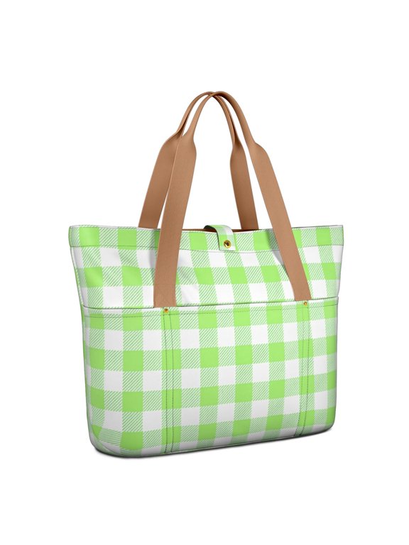 Green and White Checkered Pattern Large Tote Bag for Women, Polyester Roomy Shoulder Bag with Pockets and Zipper, Lightweight Gifts Ideas for Women Men