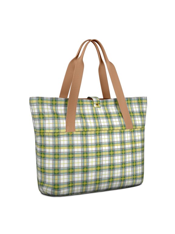 Green and White Checkered Pattern Large Tote Bag for Women, Polyester Roomy Work Tote with Pockets and Zipper, Foldable Gifts Ideas for Christmas Birthday