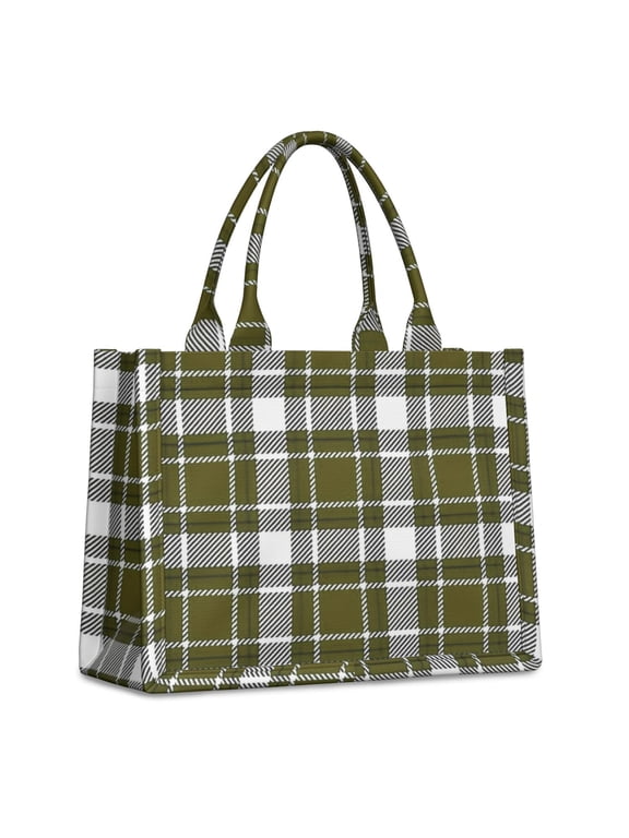 Green and White Checkered Pattern Tote Bag, Shopping Handbag with Interior Pockets & Top Handle, Large Capacity Gifts for Work Shopping Travel,15.7 X 5.1 X 13 Inches