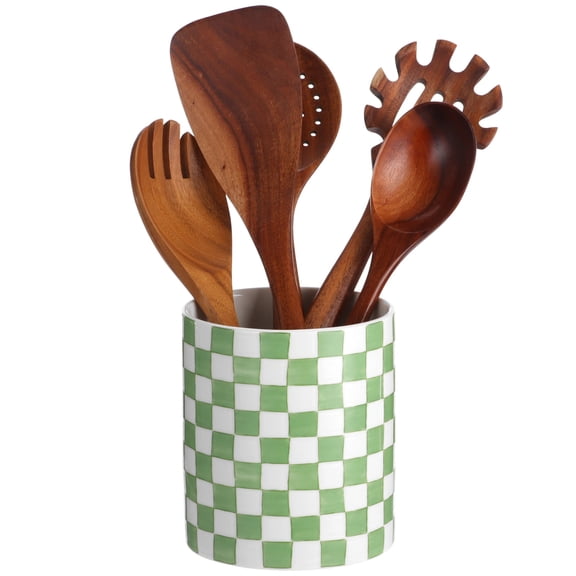 Green & White Checkered Utensil Holder, Painted Ceramic Kitchen Countertop Storage Jar with Sealed Lid, Kitchen Organizer for Spatulas & Coffee Beans, Long-Lasting & Easy Clean