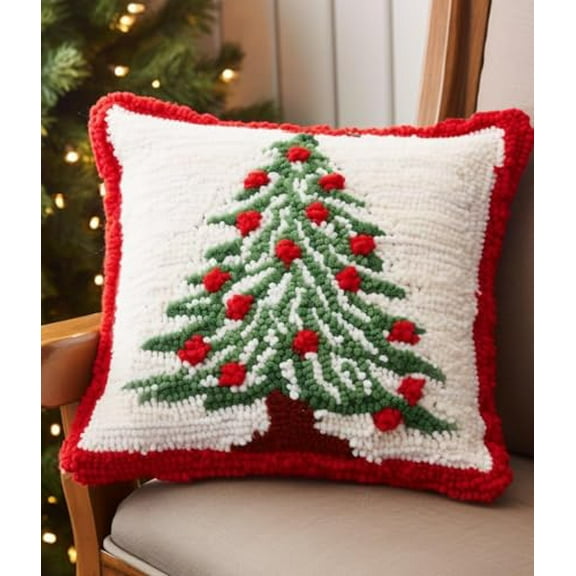 Green and White Christmas Tree Latch Hook Pillow Kits for Beginner Needle Crochet Yarn Kits with Stamped Canvas Embroidery Cushion Hook and Latch Throw Pillow Christmas Decoration 43x43cm