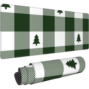Green White Christmas Tree Lumberjack Plaid Large Gaming Mouse Pad 31.5 x 11.8in Desk Keyboard Pad Keyboard Mouse Mat for Work, Play, Office, Home with Non-Slip Rubber Base Stitched Edges
