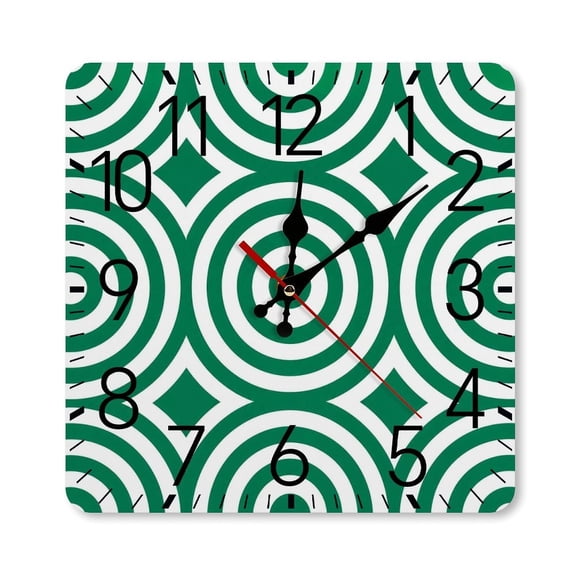 Green White Concentric Circles Pattern Wall Clock Silent Non Ticking Wall Clocks Battery Operated Square Wall Decor for Bathroom Kitchen Bedroom 10×10inch(25×25cm)