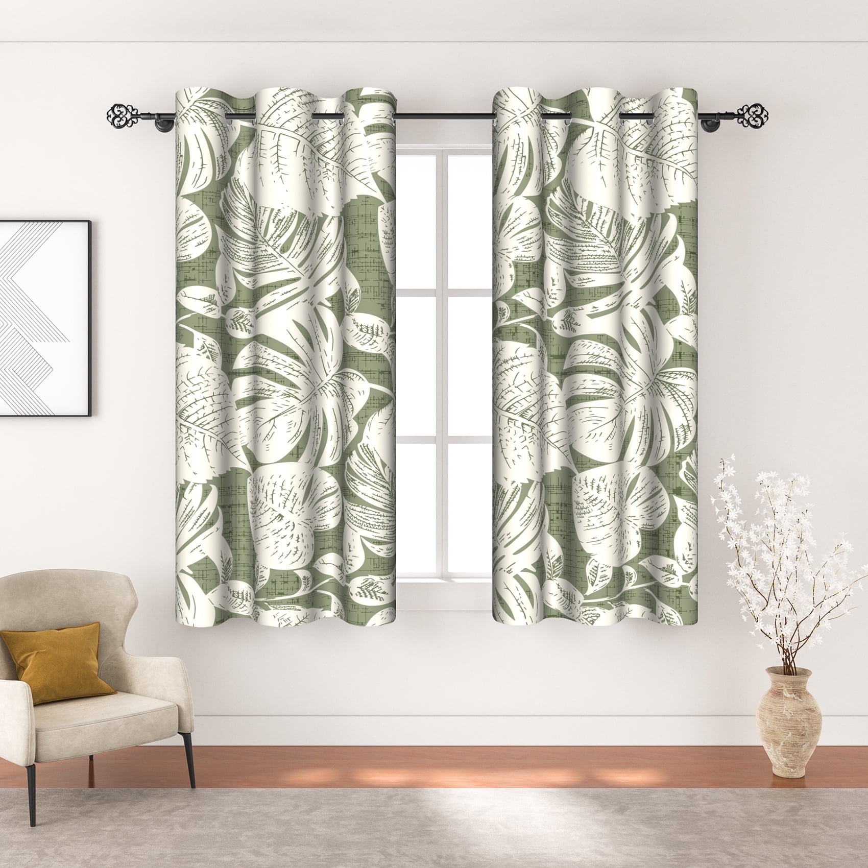 Green Curtains for Living Room,Palm Leaves White Blackout Curtains Drapes for Bedroom Panel Sets, 42x63 Inch