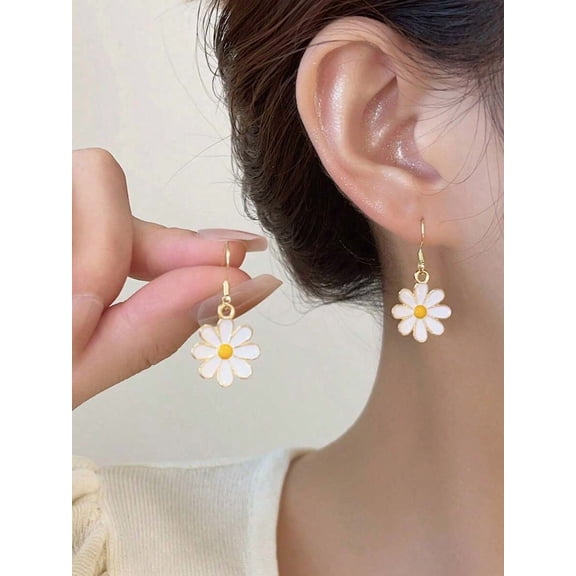 Green White Daisy Flower Dangle Earrings With Goldtone Metal For Women