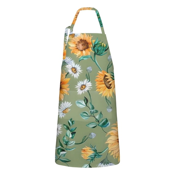 Green White Daisy Sunflower Pattern Apron-Garden Aprons for Women with Pockets-Cotton Linen Waterproof Kitchen Cooking Gardening Aprons Adjustable for Kitchen,Cooking,BBQ and Salon 33x27 Inch